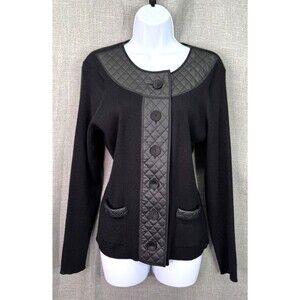 Chico's Wool Blend Black Ribbed Long Sleeve Cardigan Size 2(L) Faux Leather Trim
